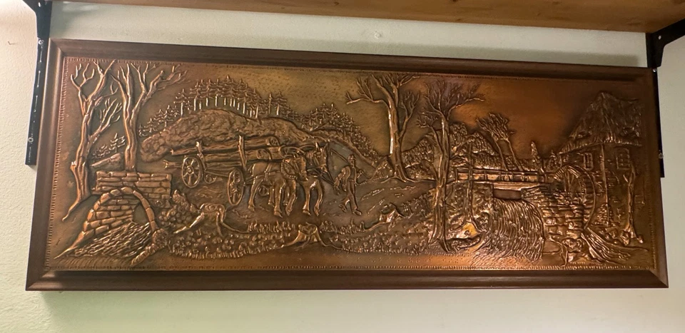 70 er Jahre großes dreidimensionales Kupferbild mit echtem Holzrahmen 147x47 cm - Bild 1 von 4