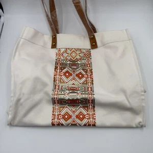 JCREW Canvas Tote Bag Orange Silver Gold Tribal Pattern NWOT, Leather Handles - Picture 1 of 9