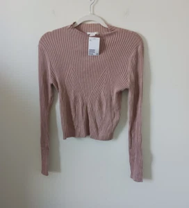 H&M Womens Dusty Pink Knit Crop Top Size L Ribbed Long Sleeve Mock Neck - Picture 1 of 4