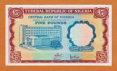 Nigeria 5 Pounds 1968 ERROR Missing Both Serial Pick-13a EF - Image 1 of 2