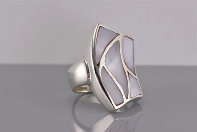 Anillo de plata esterlina ondulado con mosaico azul madreperla banda 12 g 925 talla: 7 Foto 1 de 4