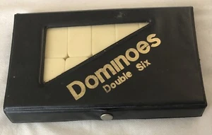Vintage Double Six Dominoes Set of 28 Off White/Black Pips W/Vinyl Case Free S/H - Picture 1 of 13