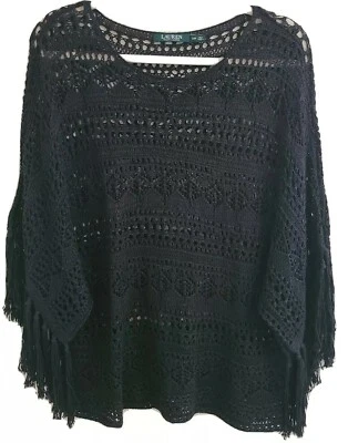 Pullover Ralph Lauren Negro Tejido Crochet Manga Corta Top con Borlas Talla S M Foto 1 de 4