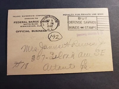 FEDERAL BARGE LINES, Birmingham, Alabama Official 1942 WWII Naval Cover - Image 1 of 2