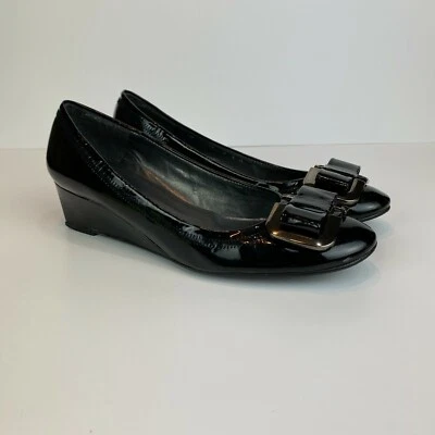 Stuart Weitzman Heels 5.5 Black Patent Leather Wedge Silver Bow Office Career - Image 1 of 4