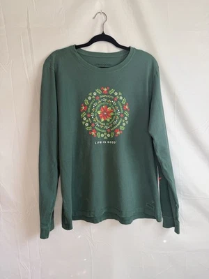  Life Is Good Mujer Verde Navidad Algodón Trituradora LS Camiseta Talla XL Foto 1 de 4
