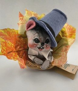 Annalee Vintage Thanksgiving Pilger Maus in Füllhorn mit Herbstblättern mit Etikett sehr guter Zustand - Bild 1 von 12