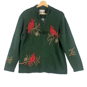 Quacker Factory Sweater Beaded Cardigan Green Holiday Bird Christmas S Full Zip - Picture 1 of 8