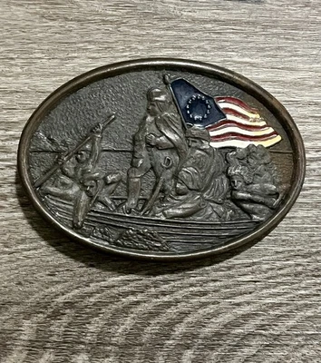 Vintage Brass Belt Buckle George Washington Crossing the Delaware w/ enamel flag - Image 1 of 4