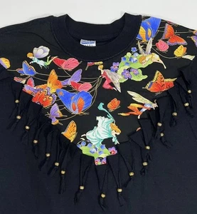 WHIMSICAL FAIRY BUTTERFLY FRINGE BEADED VTG T-SHIRT WHIMSIGOTH ELF FOREST PIXIE - Picture 1 of 13