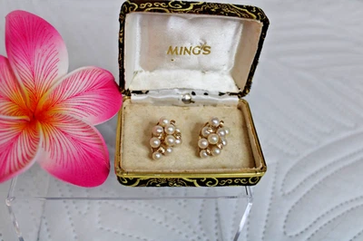 Ming's Mings Hawaii Pearl and Leaf Earrings with Ming's Box Vintage - Image 1 of 4