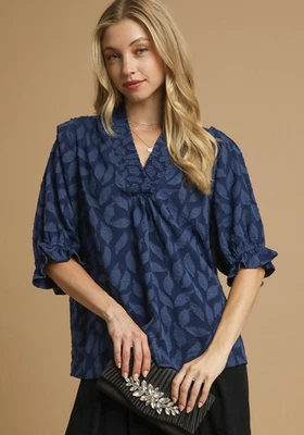 Umgee Women's Floral Jacquard Smocked V-Neck 3/4 Puff Sleeve Top  - Image 1 of 4