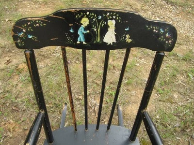 Mecedora vintage Oak Hill Child’s Boston Rocker niños cachorro pájaros flor Foto 1 de 4