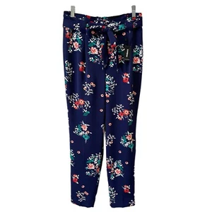 Express Women's Trouser Ankle Pants 4 Navy Blue Floral Paperbag Belted High Rise - Picture 1 of 10