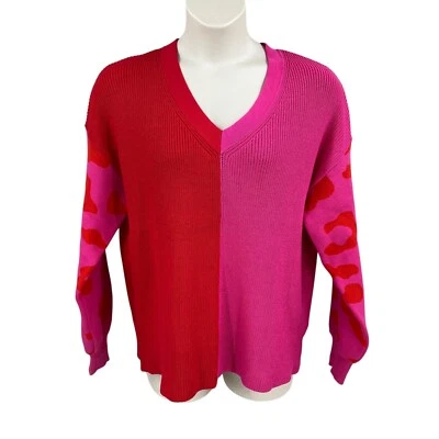 Suéter para mujer con estampado de animales en bloques de colores talla grande rosa rojo manga caída cuello en V Foto 1 de 4
