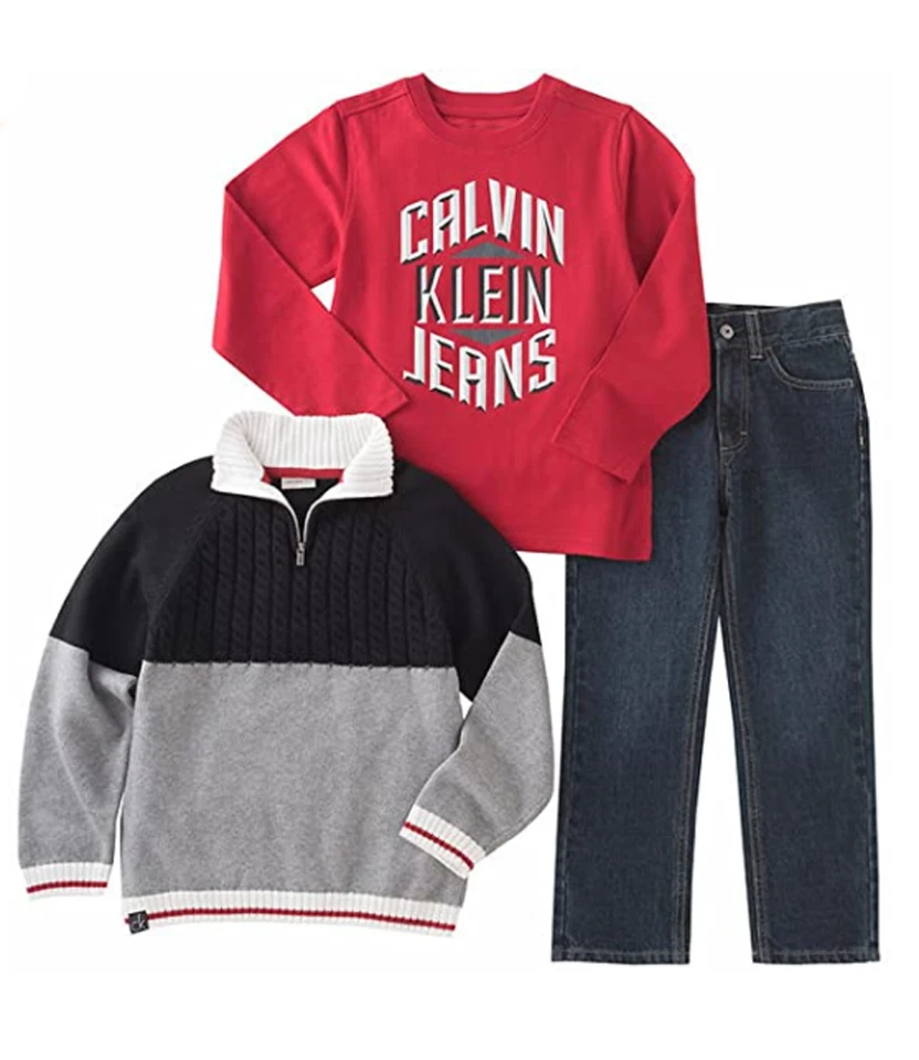 Calvin Klein Jeans Boy's 3pc Sweater Set Sweater/Jeans/L/S Shirt Red - Image 1 of 1