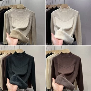 Damen Fleecegefütterter Strickpullover Plüsch Dicker Stehkragen Mit Perlen - Bild 1 von 20