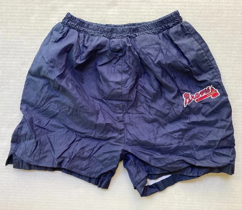 Vtg MLB Atlanta Braves Gym Nylon Shorts Boys XL (18-20) Swishy Blue Cotton Lined Cover