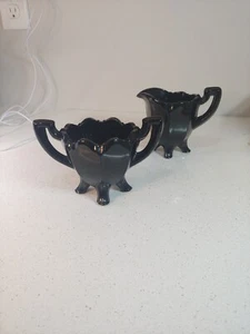 Vintage Black Amethyst Depression Glass Footed Creamer And Sugar Set AS IS - Picture 1 of 22
