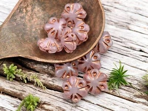 11mm Copper Washed Milky Pink Czech Glass Scalloped Flower Beads - 10 Beadss - Picture 1 of 4