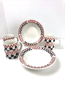 Coca-Cola Coke Lot 2 Bowl 3 Mugs Checkered Pattern Gibson Designs 1996 - Picture 1 of 12