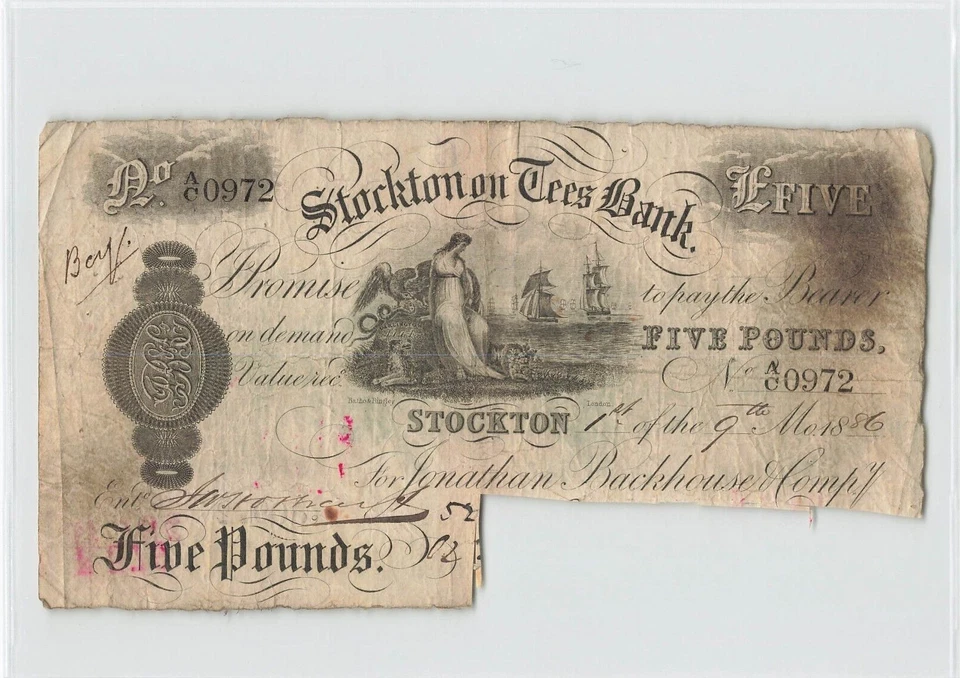 GREAT BRITAIN, ENGLAND 5 Pounds 1886 Stockton on Tees Bank, Cancelled, Rare. A8 - Image 1 of 2