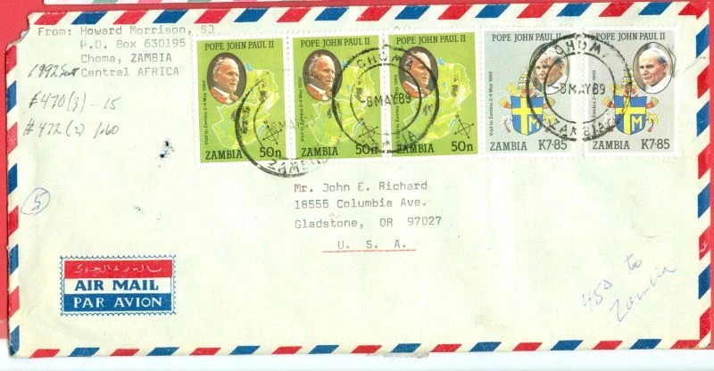 Замбия тема Папа Римский Иоанн Павел II 5 марок используется на обложке в США - Изображение 1 из 1