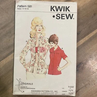 VTG  70's Hippie Kwik Sew Pattern 581 Misses Button Front Shirt Size 14-18 UNCUT - Image 1 of 2