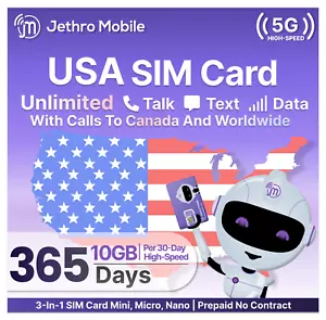 Tarjeta SIM móvil Jethro voz ilimitada texto y 10 GB alta velocidad prepago 1 año - Imagen 1 de 7