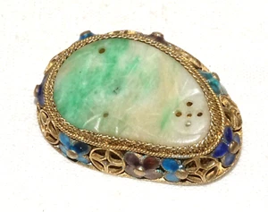 Antike chinesische Silber filigran & Emaille Brosche Set mit Jadeit Jade (inS) #L1-1 - Bild 1 von 11