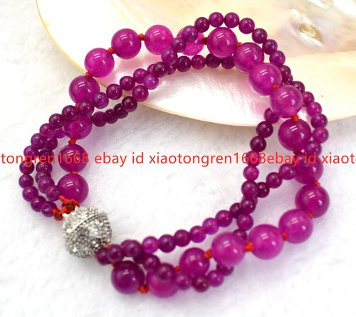 VALENTINO Affascinante Braccialetto Perline Rotonde Naturali 3 Righe 4mm & 8mm Gemme Rosa Rossa 7 5in