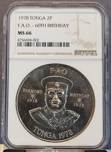 1978 TONGA 2 PA'ANGA 2P FAO 60TH BIRTHDAY NGC MS 66 BRIGHT GEM BU - Picture 1 of 3