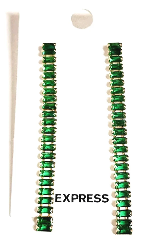 Pendientes colgantes lineales Express Baguette de piedras preciosas verde esmeralda tono dorado varios nuevos con etiquetas Foto 1 de 4