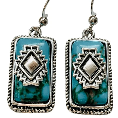 Pendientes Escudo Geométrico Azteca Hombre con Imitación Turquesa y Borde Tono Plata Foto 1 de 4