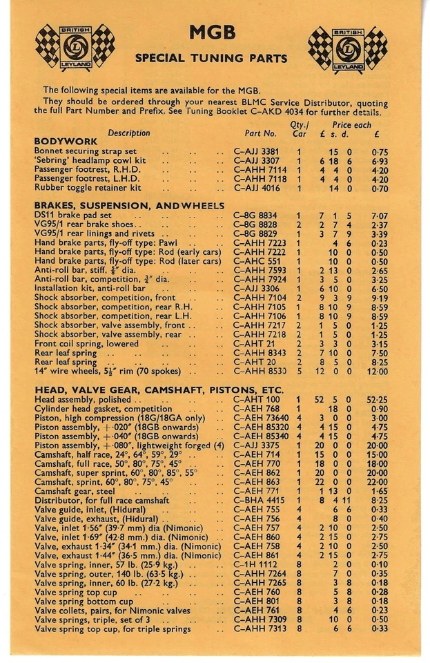 Folleto de hoja única MG MGB BL ST piezas de afinación especiales c1970-1971 mercado del Reino Unido Foto 1 de 1