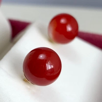 High Quality 9.3mm Deep Sea Japanese Aka Red Coral Earrings 18K Yellow Gold Stud - Image 1 of 4