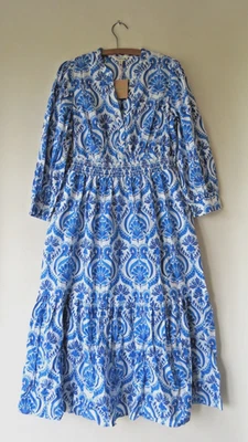 BNWT Boden Elena Tiered Cotton Midi Dress Sz 16 R Blue Ornamental Floral - Image 1 of 4