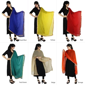 Scarf Dupatta Chunni Semi Chiffon Stole Hijab Golden Lace Sarong Neck Wrap Shawl - Picture 1 of 42