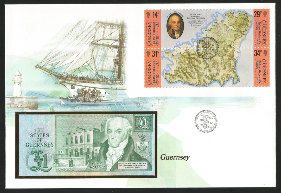 Guernsey 1987 Stamp FDC + Papermoney UNC 1 Pound Daniel De Lisle Brock - Image 1 of 1
