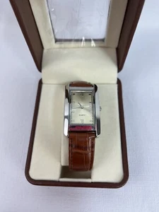 NOS Silver Tone Gold Tone Brown Faux Leather Band Rectangle Watch - Picture 1 of 7
