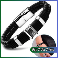 Men's Stainless Steel Leather Bracelet Magnetic Silver Clasp Bangle Black