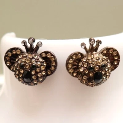 Betsey Johnson earrings koalas wearing crowns pave brown crystal stud bronzetone - Image 1 of 4