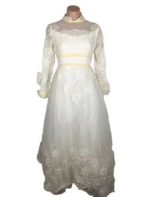 VTG 60s Alfred Angelo Ruffle Puffy Prairie L/S High Neck Wedding Dress Lace S/M - Image 1 of 4