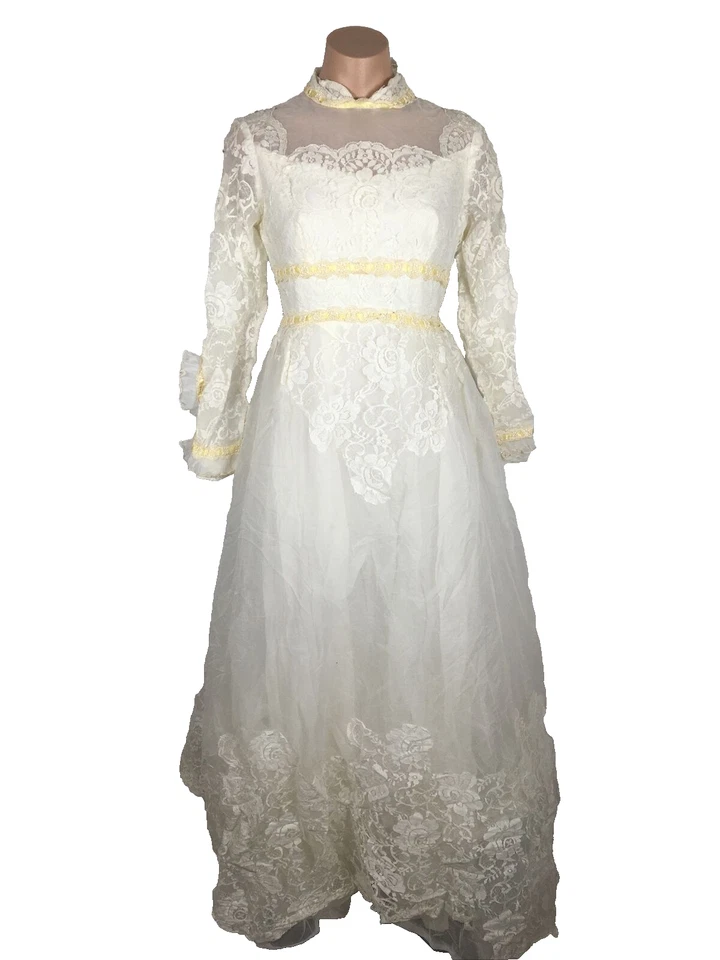 VTG 60s Alfred Angelo Ruffle Puffy Prairie L/S High Neck Wedding Dress Lace S/M - Image 1 of 4