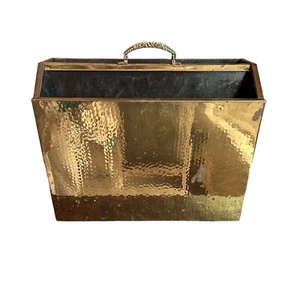 Vintage Hammered BRASS Magazine Holder With Handle Library Classic Boho Decor - Picture 1 of 14