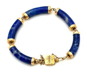 Vintage Chinese 14k Yellow Gold Sodalite Bead (6.7 mm) Bracelet 7" (McC) - Picture 1 of 9