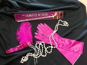 Pink Sequin & Feather Flapper Headband Pearls Cig Holder Gloves Set 20s 1920s - Picture 1 of 4