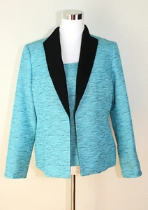 VTG KASPER Set ~ Long Sl. Jacket & Sleeveless Top Turquoise / Black Sz 12P #09 - Picture 1 of 14