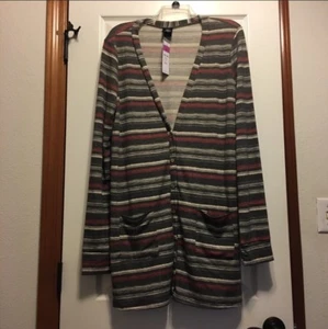 NWT Agnes & Dora Long Essential Cardigan Red/Gray/Cream Striped XL - Picture 1 of 4