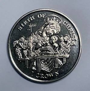 Moneda de cobre y níquel 1997 Isla de Man 1 corona, Madonna nacimiento de Cristo - Imagen 1 de 9